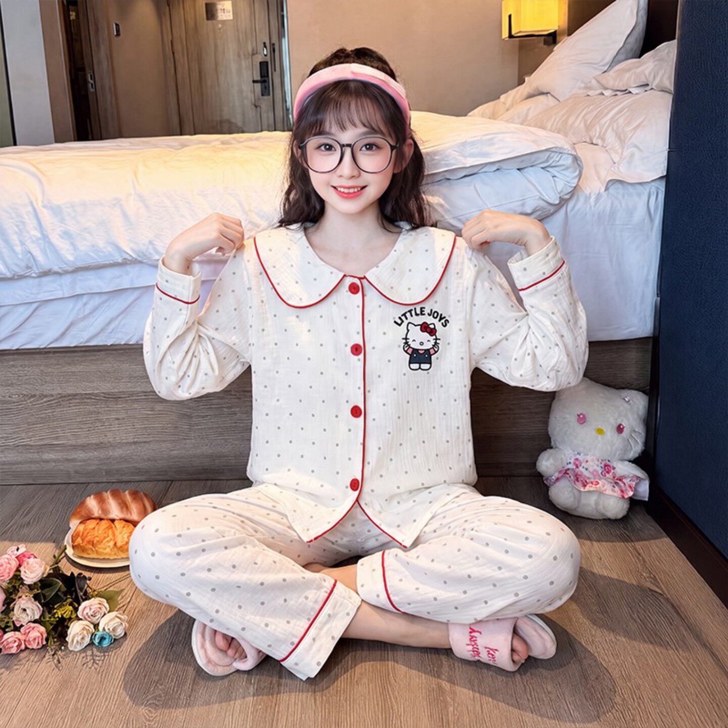女孩春秋季长袖云朵棉番茄图案小朋友孩子空调服冬天樱桃儿童睡衣