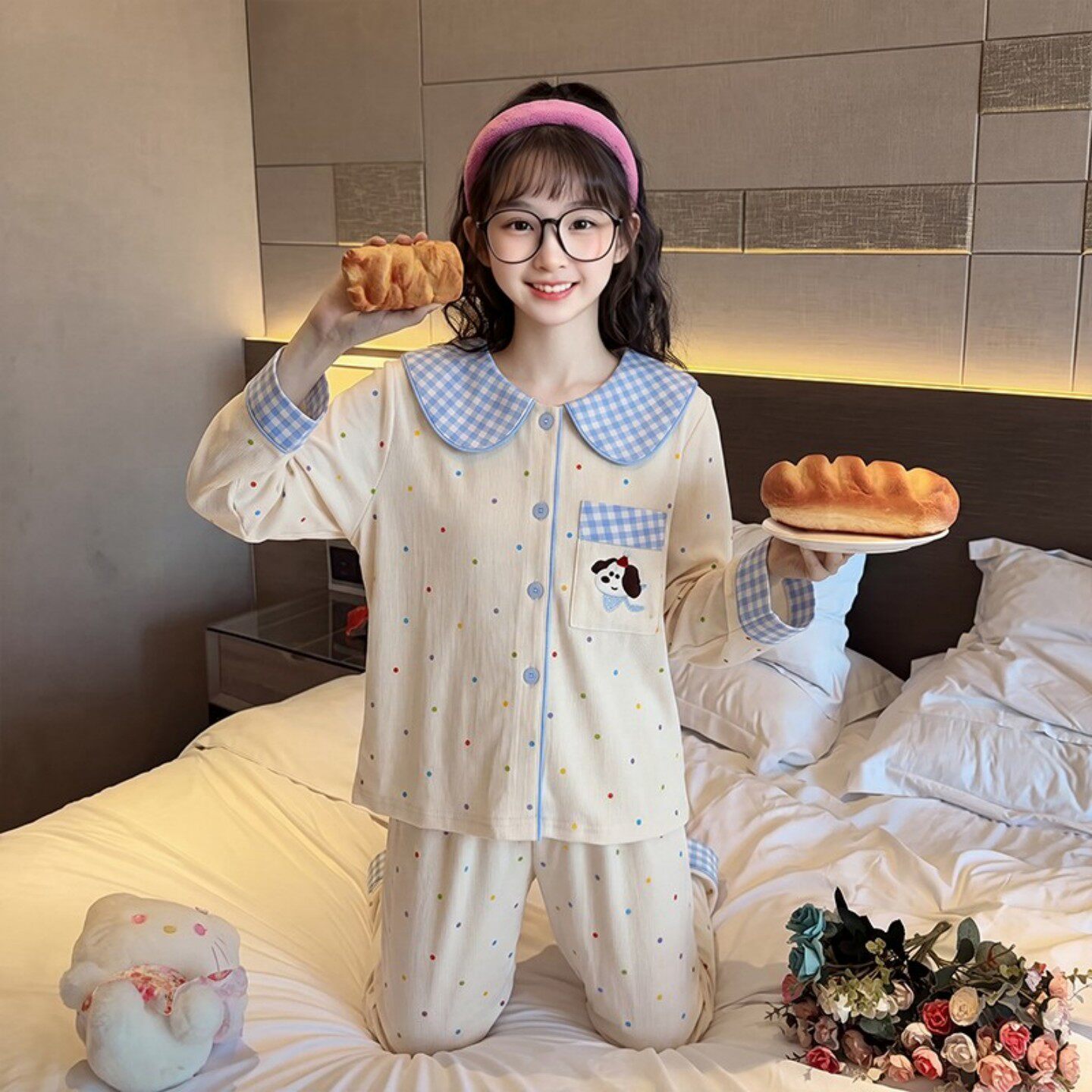 女孩春秋季长袖云朵棉潮小草莓十一五岁冬天空调服动漫熊儿童睡衣