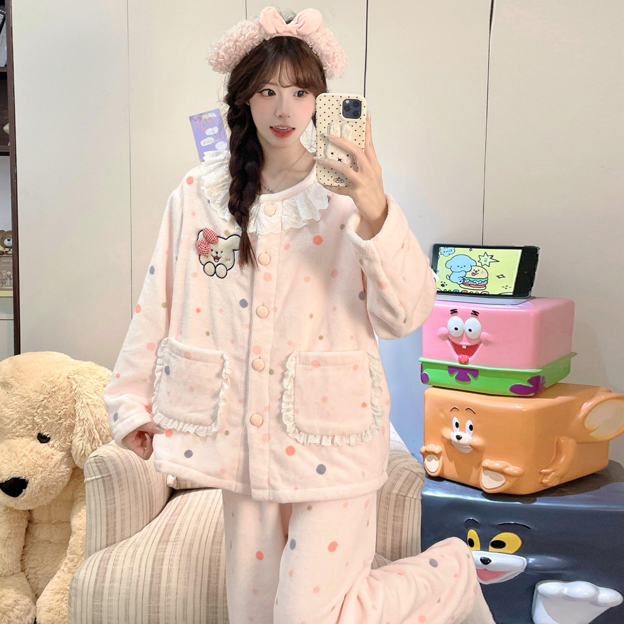女童睡衣三岁卡通猫开衫绒秋冬款套装加厚冬季秋冬款八胖大童妹妹