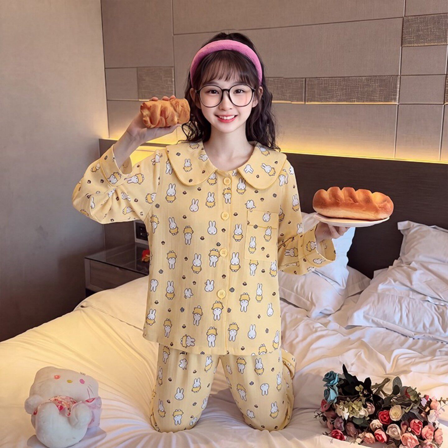 女孩春秋季长袖云朵棉少女草莓熊冬天空调服花边款保暖套儿童睡衣