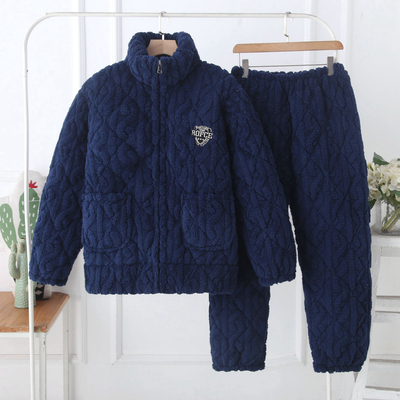 拉链冬夹棉三层法兰绒保暖家居服