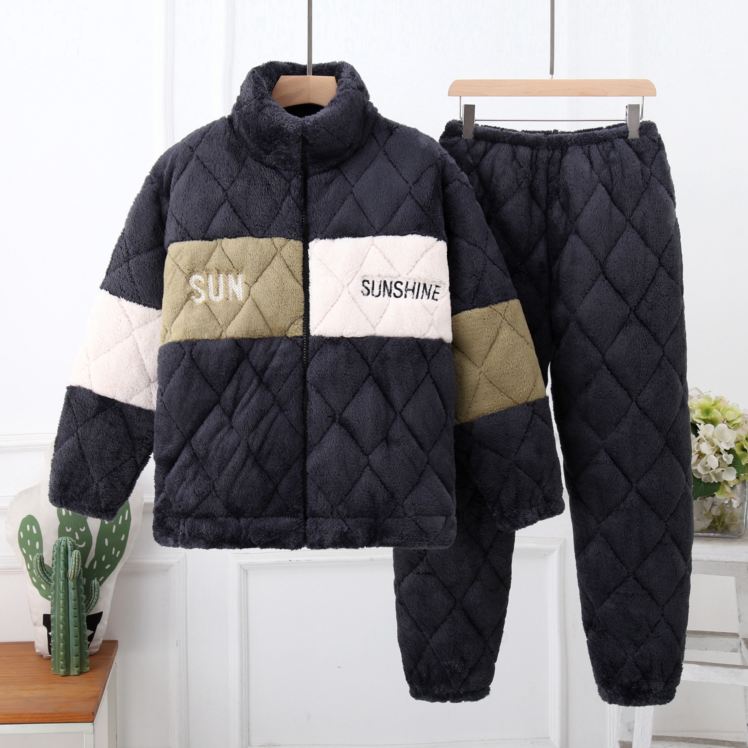 拉链立领加厚睡衣男冬季法兰绒家居服三层加绒可外穿套装棉衣棉裤