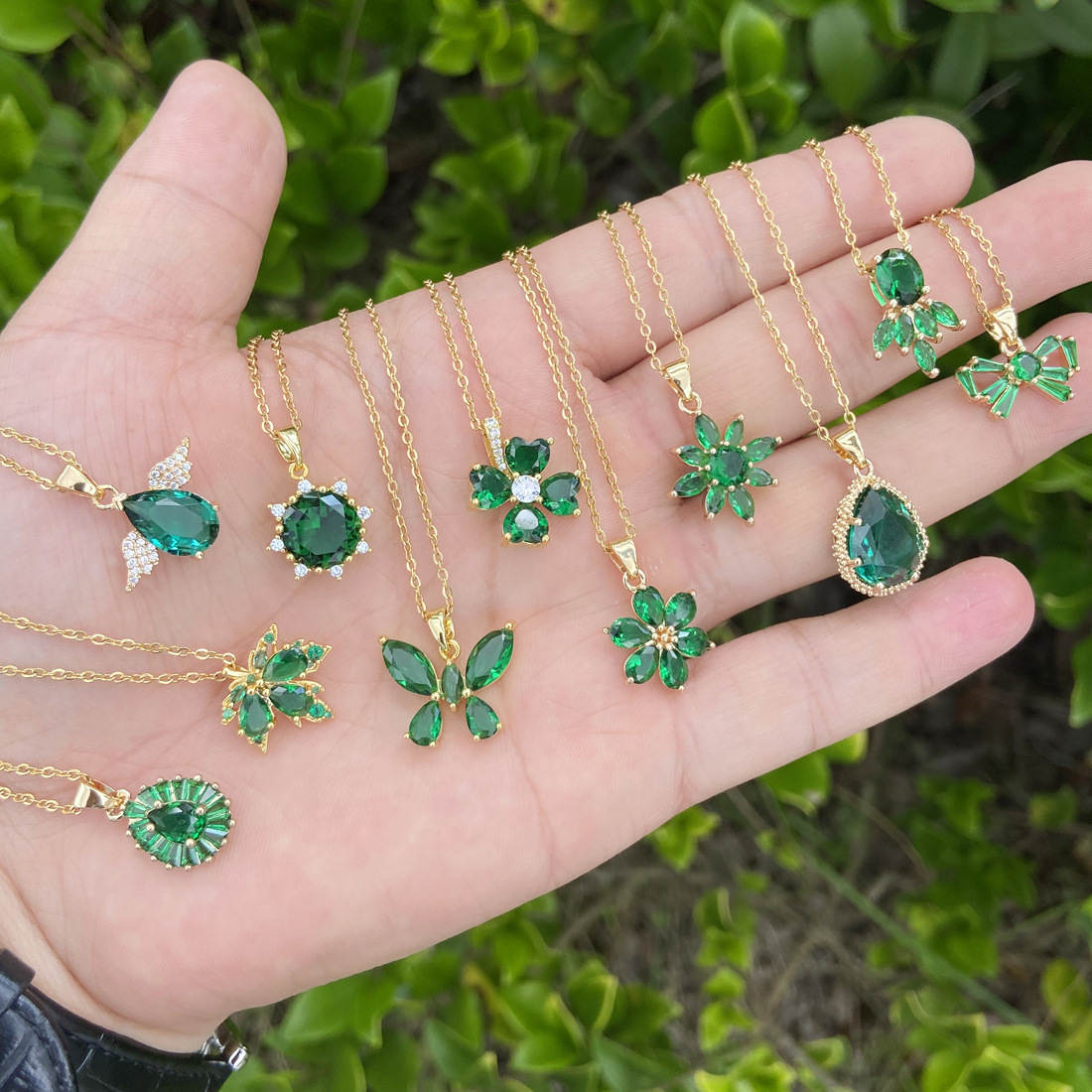 欧美饰品 祖母绿锆石项链 铜微镶蝴蝶吊坠 花朵锁骨链N997