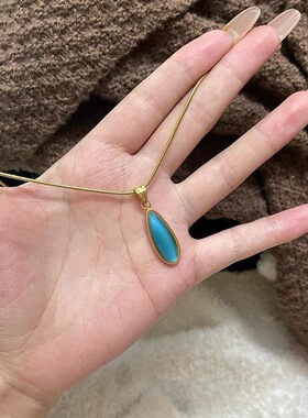 新款简约海蓝宝水滴吊坠项链时尚小清新蓝色猫眼石几何颈链百搭