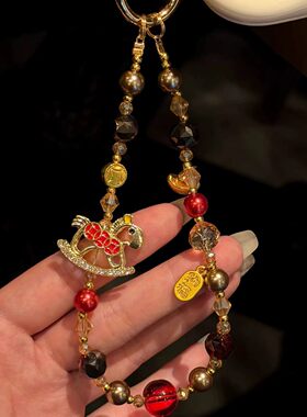 【马上有钱】铜钱小马红色水晶串珠手机链本命年新年礼物招财挂件
