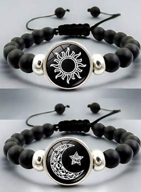 temu热销日月恋人黑色手串男女通用时尚个性串珠手链情侣礼物