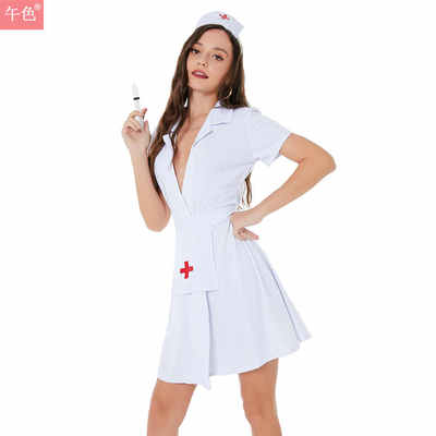新款万圣节服装成人女情趣套装性感V领低胸护士角色扮演制服诱惑