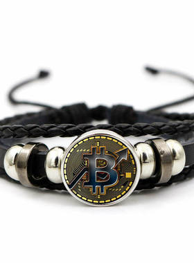 美国金币Bitcoin比特纪念币皮革手链男女通用复古多层编织手链