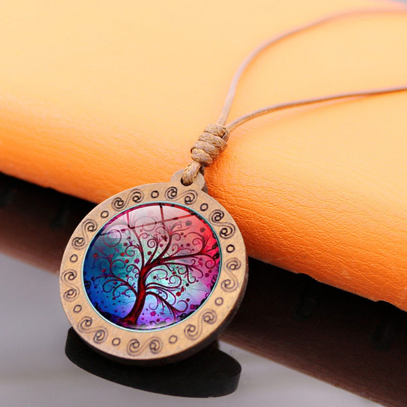 生命之树时光宝石木头吊坠复古棕蜡绳项链男女时尚饰品毛衣链