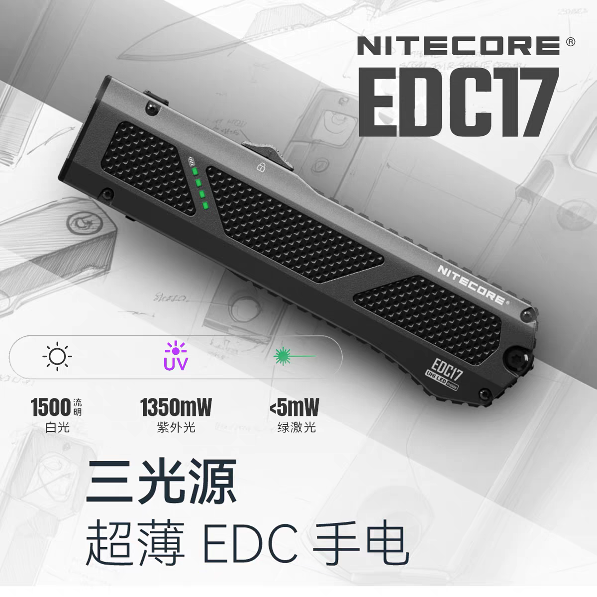 【2025新品】奈特科尔EDC17三光源超薄远射战术绿激光UV检测手电