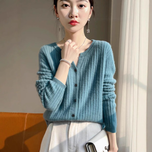 长袖 打底衫 大码 女短款 领小宽松上衣外穿春秋毛衣 坑条针织开衫