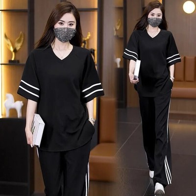 爆款休闲遮肚子套装夏季宽松气质显瘦上衣大码运动裤两件套女