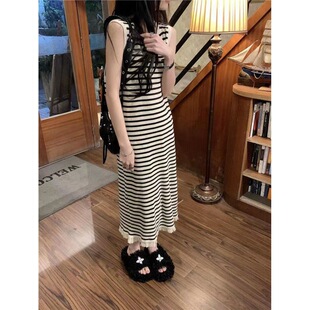 短袖撞色条纹无袖针织背心裙女韩版宽松显瘦流苏长裙连衣裙常规袖