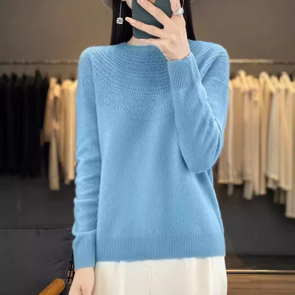秋冬针织衫女卷边圆领一线成衣镂