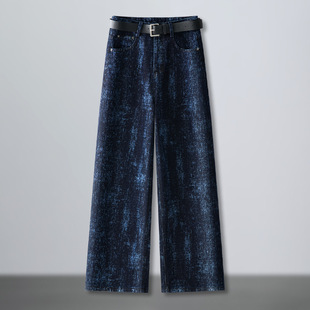 新款时尚潮流扎染印花阔腿牛仔裤女秋季设计感高腰垂感直筒裤水洗