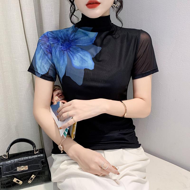 新款 欧货女装时尚洋气高领印花短袖网纱设计感大花朵上衣T恤常规