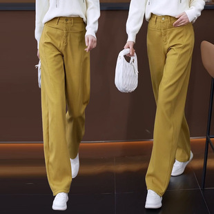 黄色弯刀阔腿牛仔裤女年春秋高腰显瘦早秋休闲镰刀直筒裤通勤风