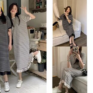 新款夏季韩版宽松休闲针织连衣裙女款遮肉显瘦条纹流苏字裙直筒型
