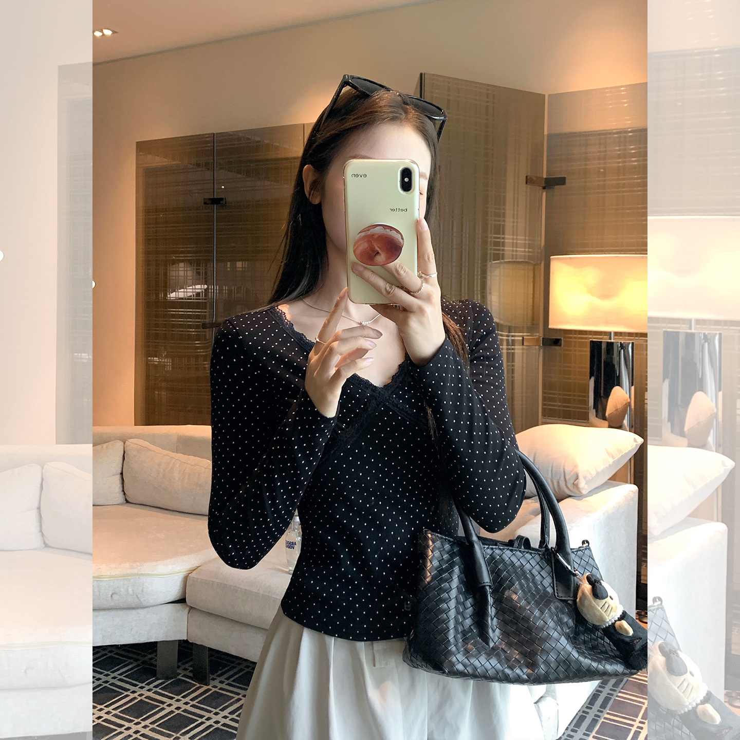 纯欲黑色波点蕾丝领长袖打底衫女秋季修身显瘦辣妹性感上衣T恤棉