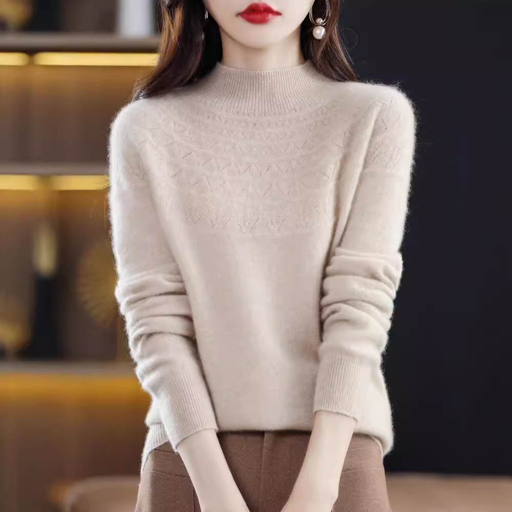 新款 一线成衣衫毛衣抖音宽松秋冬镂空款女针织打底衫半高领长袖