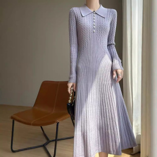 针织打底长裙毛衣 连衣裙女士扭花珍珠扣长袖 秋冬款 领安迪绒长款