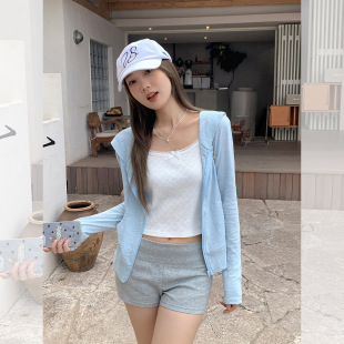 短上衣T恤纯色 卫衣外套女早秋开衫 奶蓝连帽宽松插兜拉链薄款 长袖