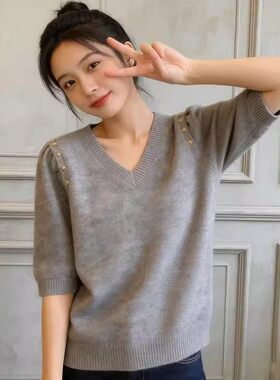 套头复古领短袖针织衫毛针织衫