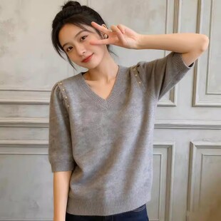 复古领短袖针织衫女春夏季宽松显瘦套头上衣洋气毛针织衫纯色常规