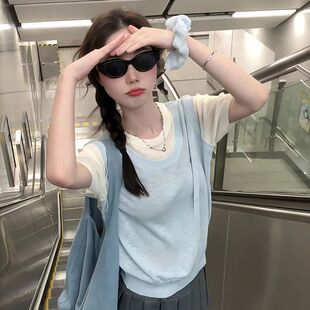 夏宽松假两件针织衫毛衣女短袖叠穿薄遮肉上衣遮肚子毛针织衫常规