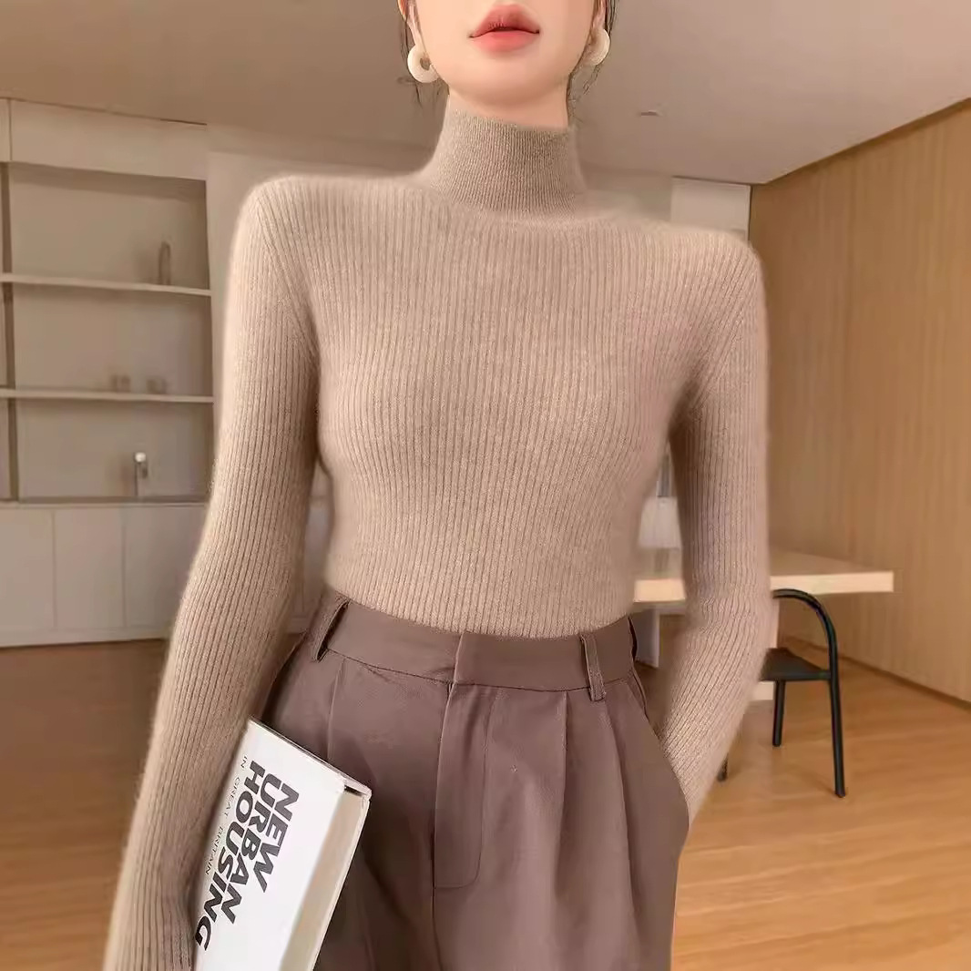 新款安迪绒抽条半高领毛衣女秋冬内搭修身显瘦针织加厚打底衫长袖