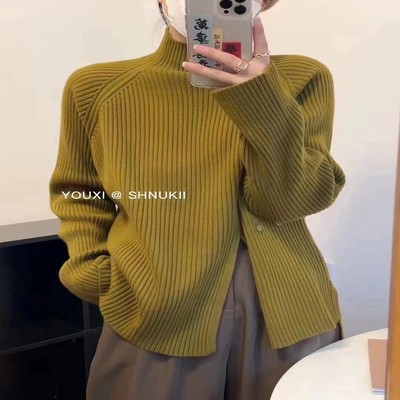 不规则半高领针织打底衫女秋冬新款设计感小众高级感气质内搭毛衣