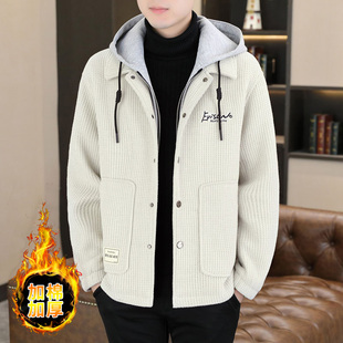 冬季夹克男士潮流时尚假两件毛呢外套加棉加厚宽松连帽毛呢子大衣