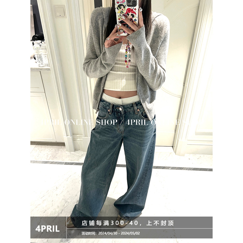 4PRIL私服系列/两种穿法可拆卸双腰牛仔裤女春夏宽松低腰阔腿裤