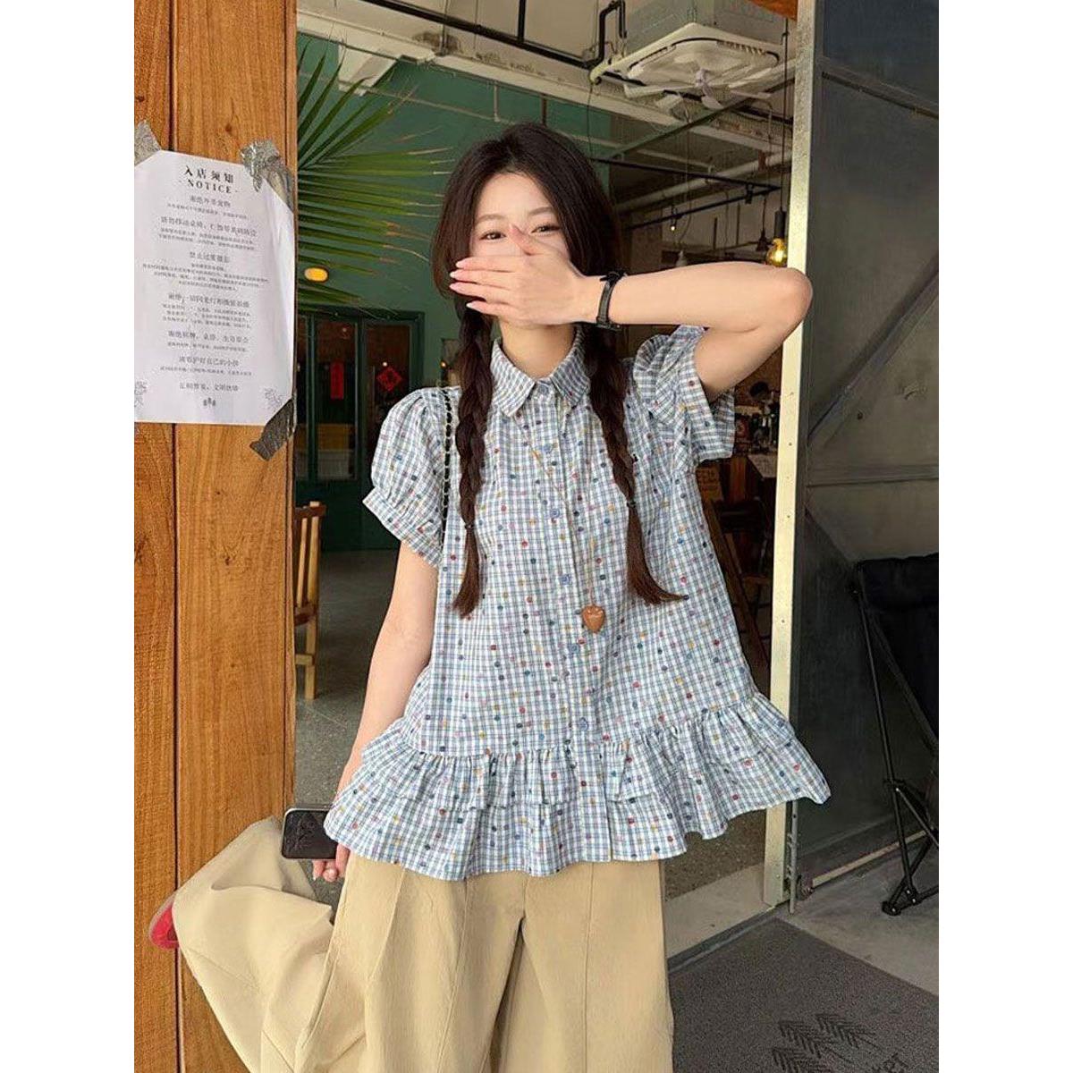 韩系彩点荷叶边格纹POLO领短袖衬衫女夏季学院风收腰显瘦漂亮上衣