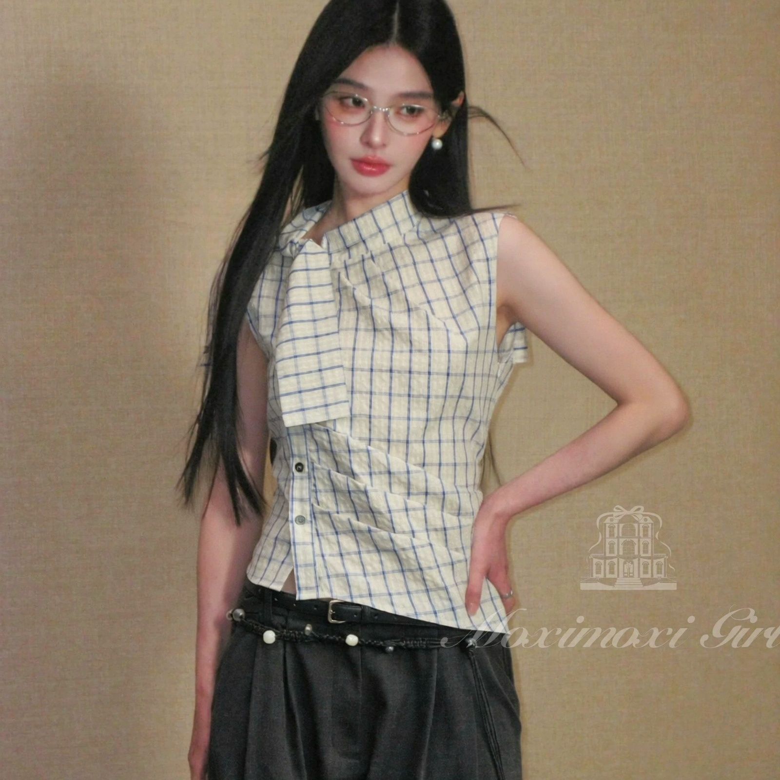2026夏季新款格子高领系带收腰衬衫上衣女设计感修身显瘦气质百搭