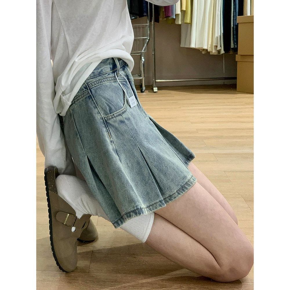 浅色百褶牛仔短裙女夏季新款大码胖mm高腰显瘦梨型身材a字半身裙