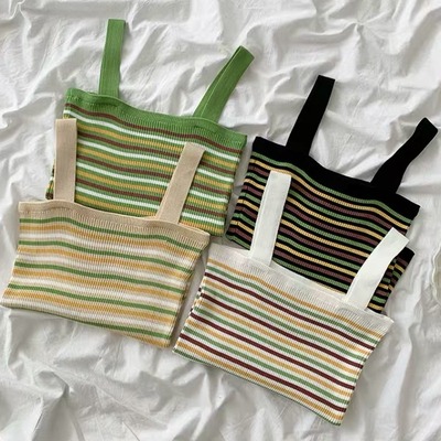 法式甜美拼接条纹吊带背心