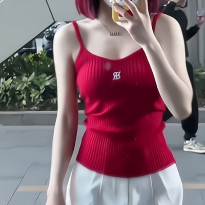 多巴胺刺绣红色针织吊带背心女夏季胖MM外穿内搭修身显瘦辣妹上衣