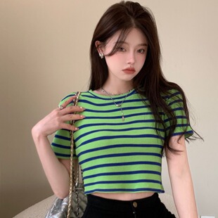 复古chic港风撞色条纹短袖T恤女大码胖MM夏季设计感辣妹修身上衣
