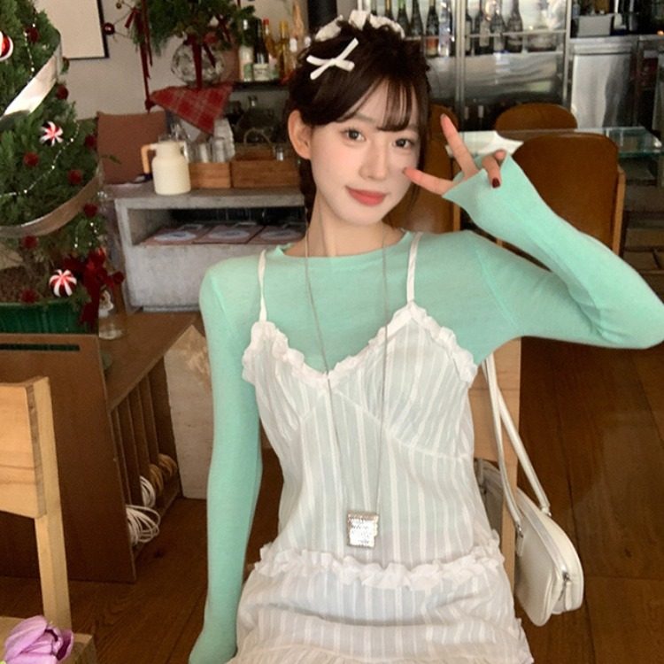 胖妹妹韩系甜美套装女春季薄荷绿打底针织衫叠穿木耳边吊带连衣裙图片