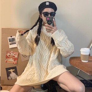 冬装中长款网红麻花毛衣外穿女大码微胖MM宽松显瘦套头针织上衣潮