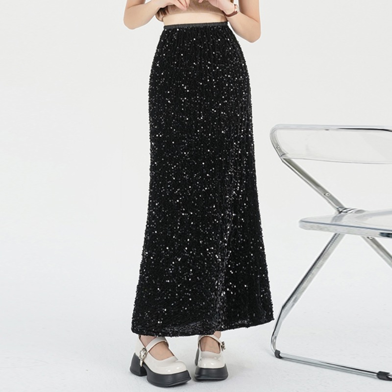 大码小香风重工亮片半身裙夏季中长款高腰A字鱼尾半裙包臀一步裙