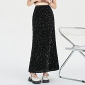 高腰A字鱼尾半裙包臀一步裙 中长款 大码 小香风重工亮片半身裙夏季