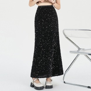 高腰A字鱼尾半裙包臀一步裙 中长款 大码 小香风重工亮片半身裙夏季