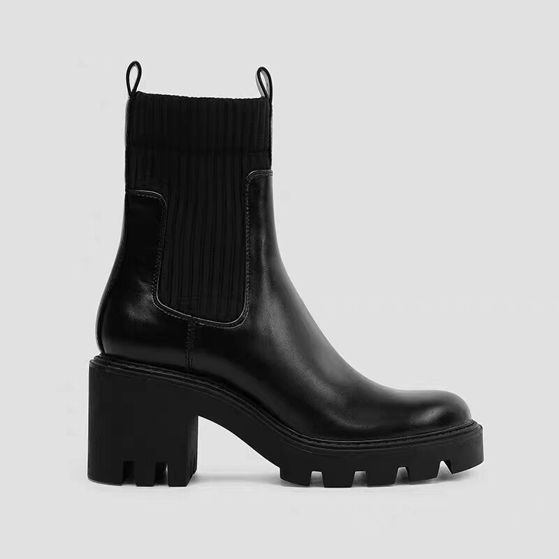 ZAUE GROOVED PLATFORM BOOTIES WOMENS AUTUMN AND WINTER NEW LEATHER SOCKS STYLE HIGH HEELS SLIMMING SLEEVE MARTIN BOOTS CHELSEA BOOTS