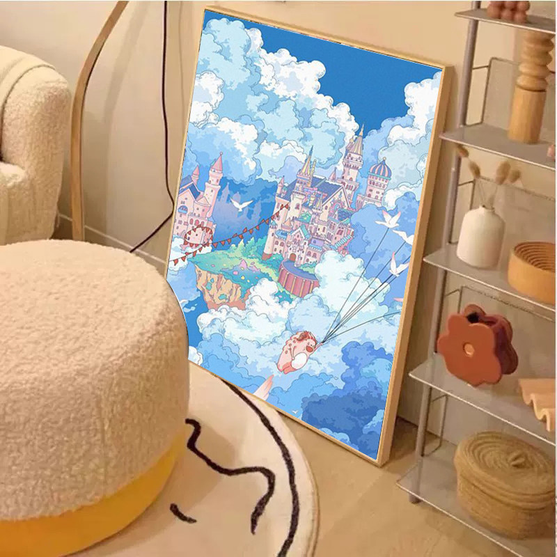 空中蓝色城堡十字绣2025新款满钻diy手工钻石贴画带框客厅装饰画,居家布艺,钻石绣,淘宝优惠券,粉丝福利购,淘宝优惠卷