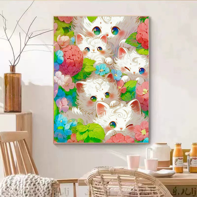 花朵里小白猫咪钻石贴画2025新款满钻手工点贴带框卧室小件十字绣,居家布艺,钻石绣,淘宝优惠券,粉丝福利购,淘宝优惠卷