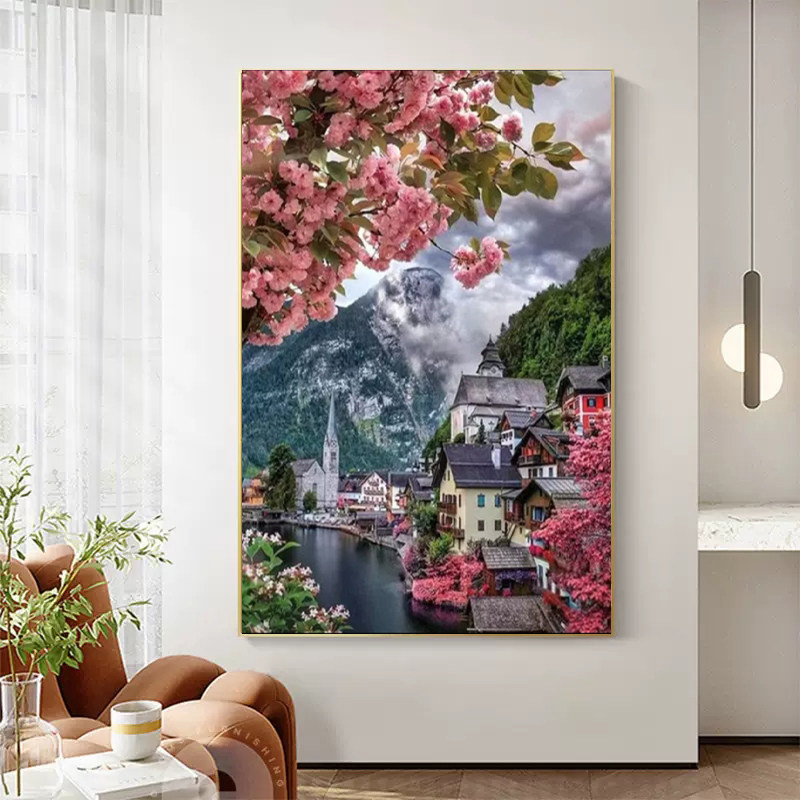 樱花小镇风景钻石画2023新款客厅十字绣钻石贴画手工diy点钻带框