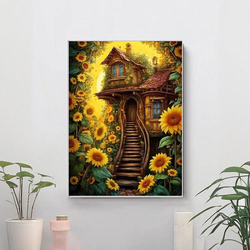 向日葵小屋十字绣2025新款满钻手工diy贴钻带相框客厅装饰画