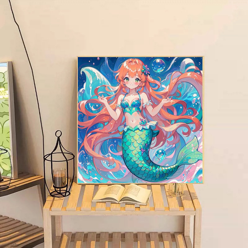卡通深海美人鱼公主十字绣2025新款满钻手工贴钻带相框卧室装饰画